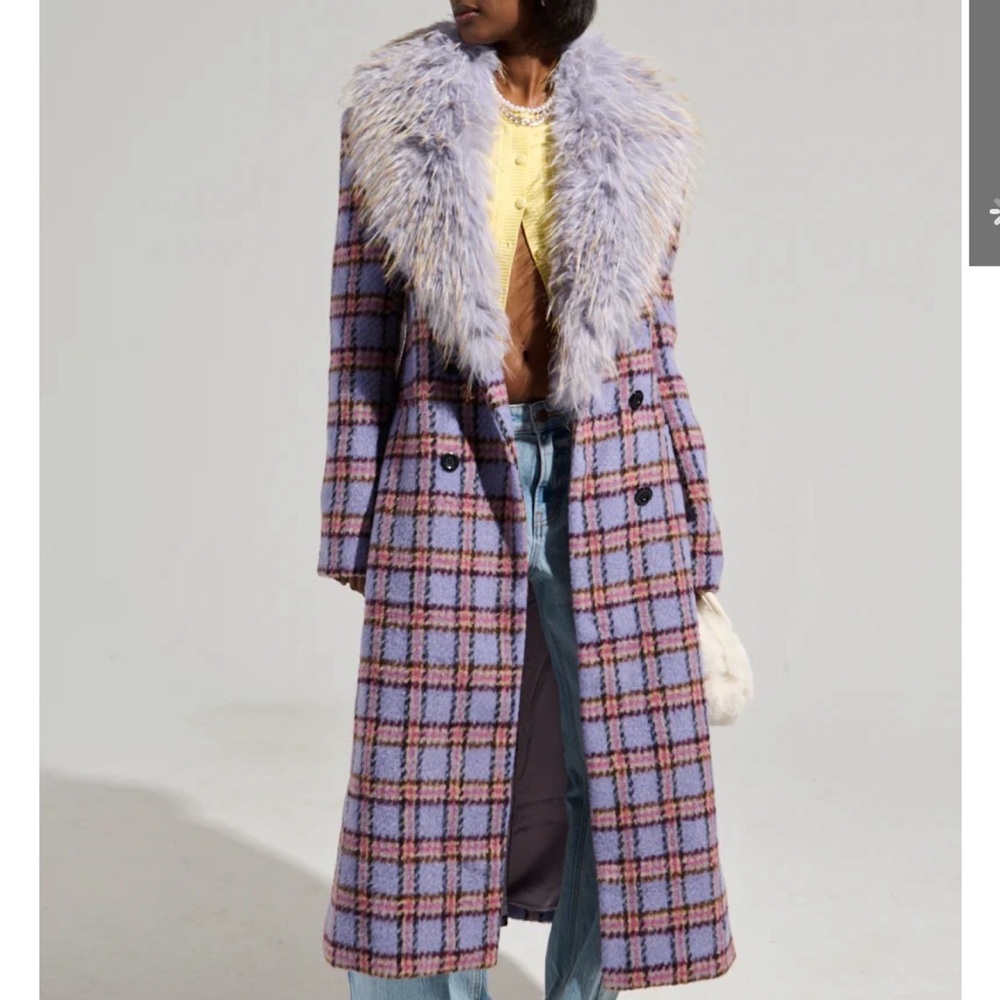 AKIRA Purple Plaid Teddy Jacket with Faux Fur Collar